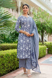 Steel Grey Floral Print Kurta Set with Palazzo Pants and Dupatta