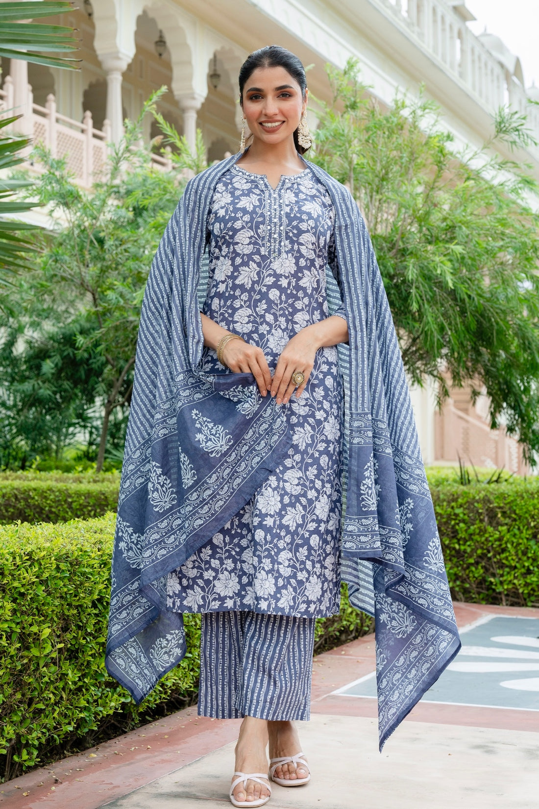 Steel Grey Floral Print Kurta Set with Palazzo Pants and Dupatta