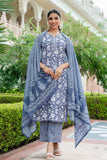 Steel Grey Floral Print Kurta Set with Palazzo Pants and Dupatta