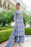 Steel Grey Floral Print Kurta Set with Palazzo Pants and Dupatta