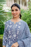 Steel Grey Floral Print Kurta Set with Palazzo Pants and Dupatta