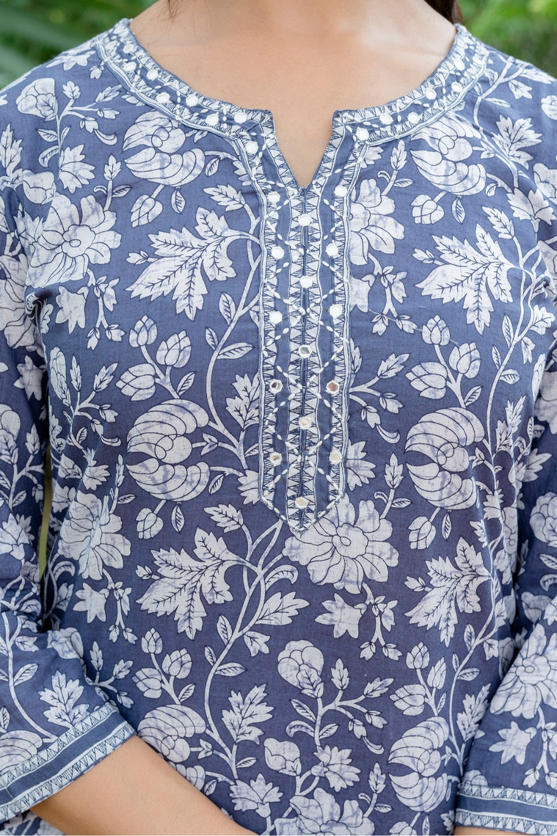 Steel Grey Floral Print Kurta Set with Palazzo Pants and Dupatta