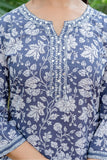 Steel Grey Floral Print Kurta Set with Palazzo Pants and Dupatta