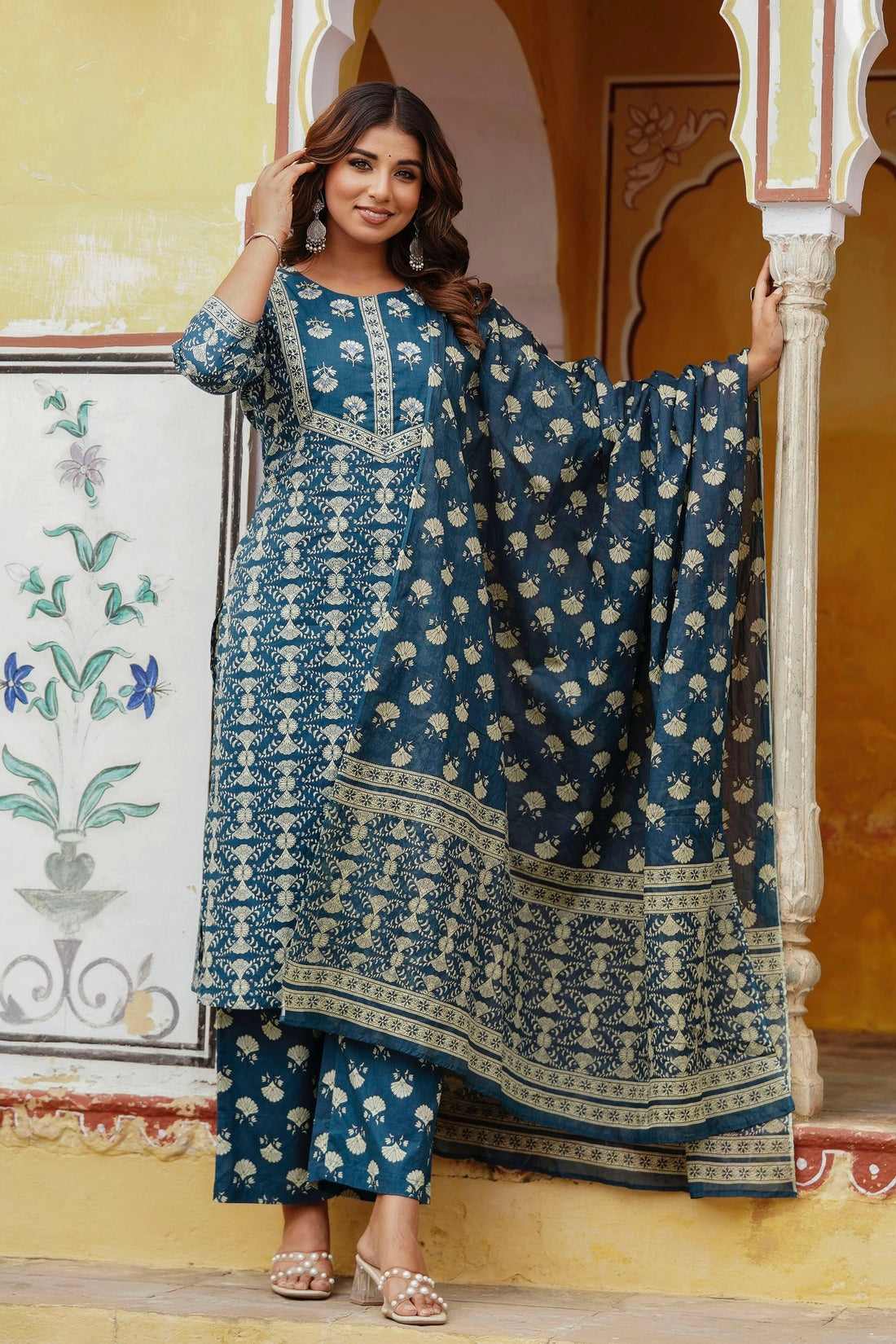Blue Ethnic Printed Cotton Kurta Set with Palazzos and Dupatta