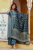 Blue Ethnic Printed Cotton Kurta Set with Palazzos and Dupatta