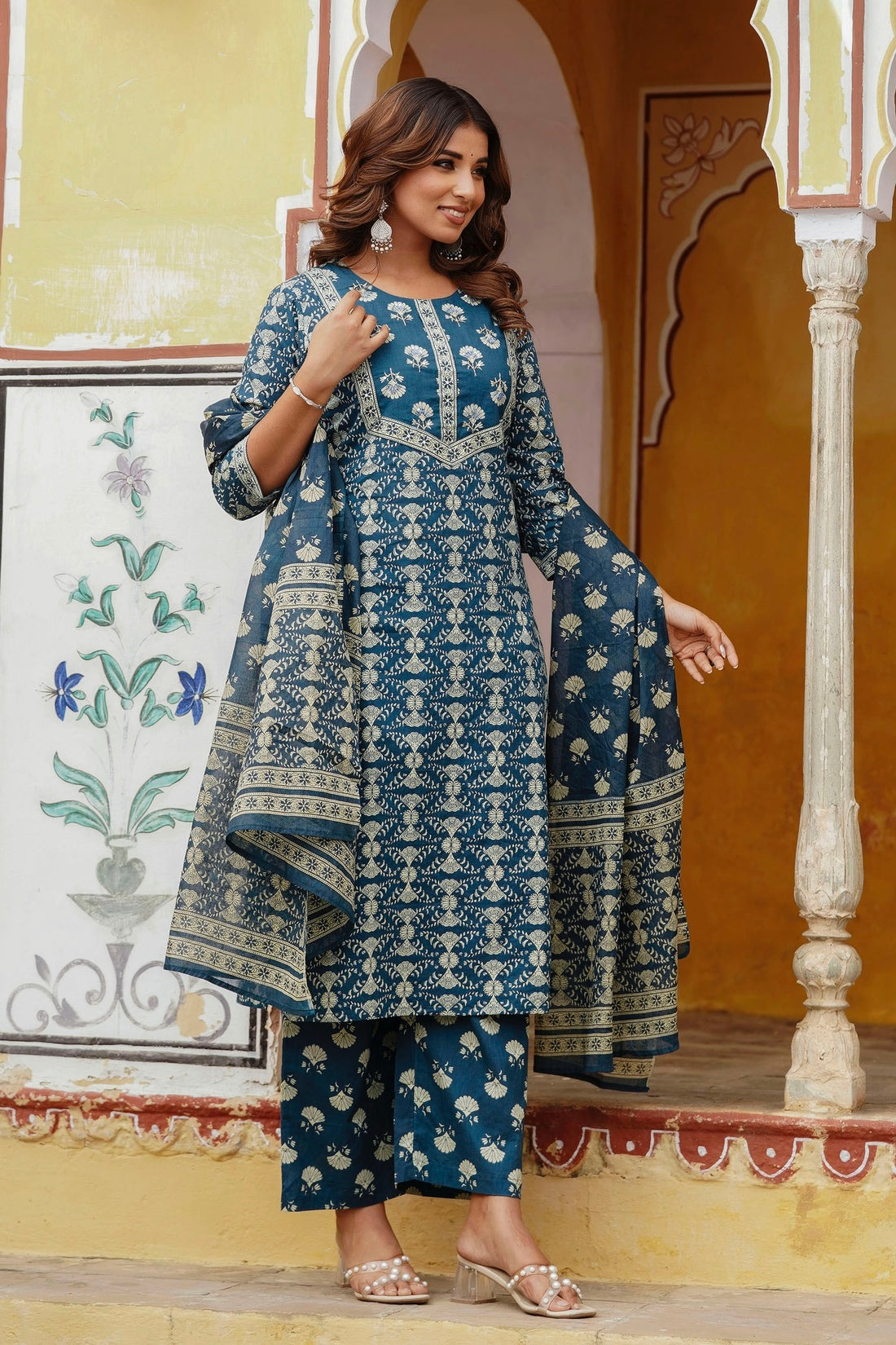 Blue Ethnic Printed Cotton Kurta Set with Palazzos and Dupatta