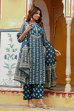 Blue Ethnic Printed Cotton Kurta Set with Palazzos and Dupatta