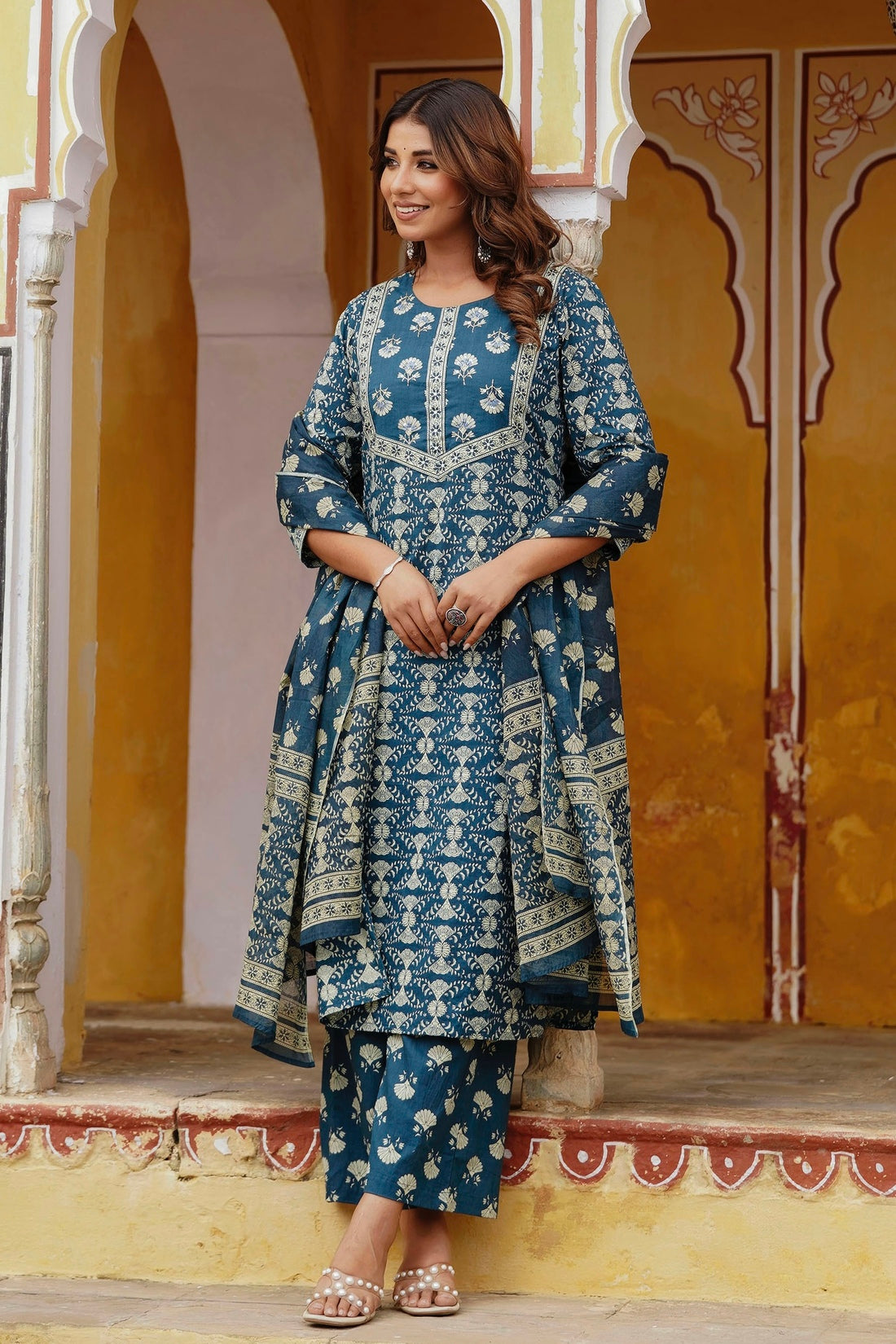 Blue Ethnic Printed Cotton Kurta Set with Palazzos and Dupatta