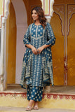 Blue Ethnic Printed Cotton Kurta Set with Palazzos and Dupatta