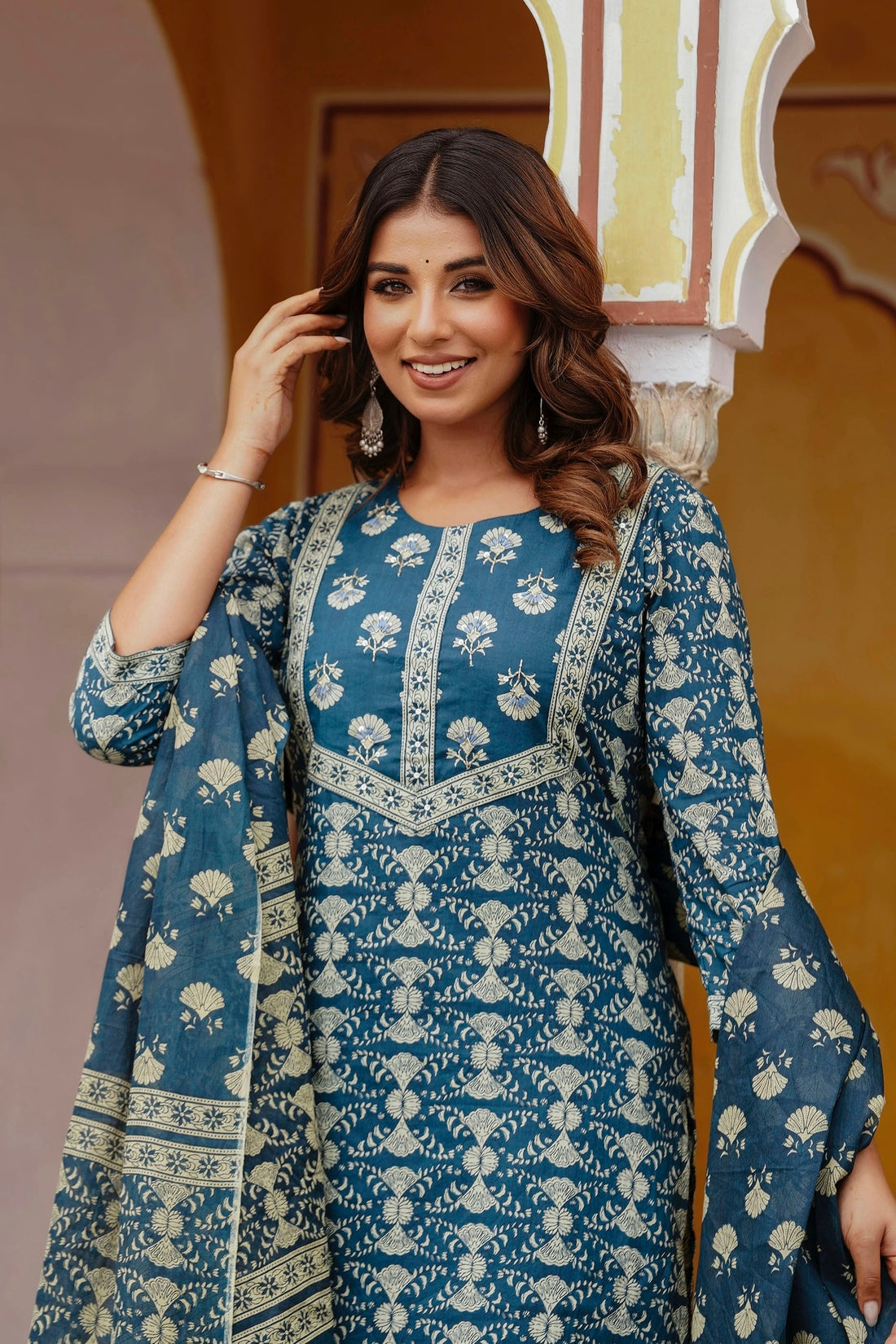 Blue Ethnic Printed Cotton Kurta Set with Palazzos and Dupatta