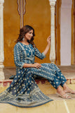 Blue Ethnic Printed Cotton Kurta Set with Palazzos and Dupatta