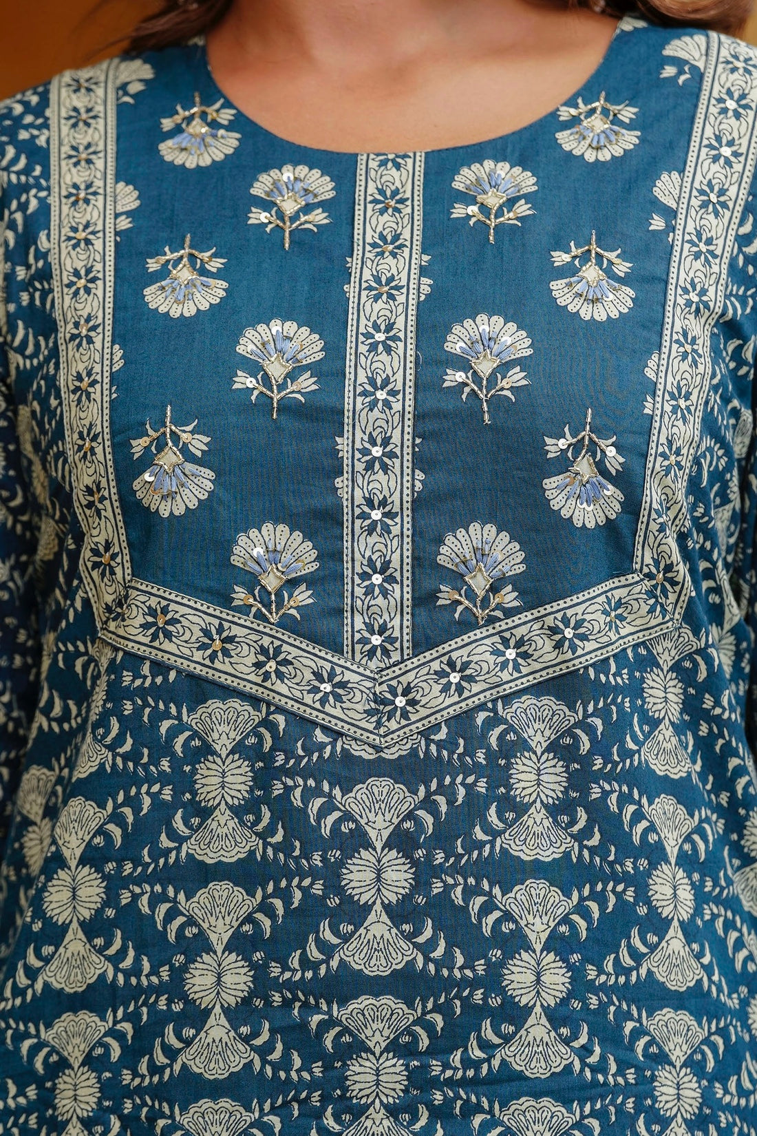 Blue Ethnic Printed Cotton Kurta Set with Palazzos and Dupatta