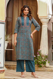 Teal Yoke Design Printed Cotton Kurta Set with Palazzos and Dupatta