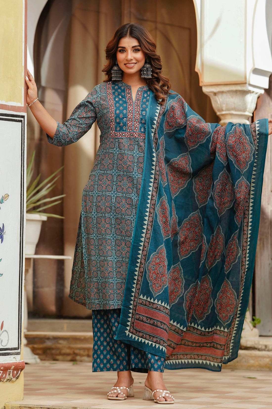 Teal Yoke Design Printed Cotton Kurta Set with Palazzos and Dupatta