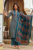 Teal Yoke Design Printed Cotton Kurta Set with Palazzos and Dupatta