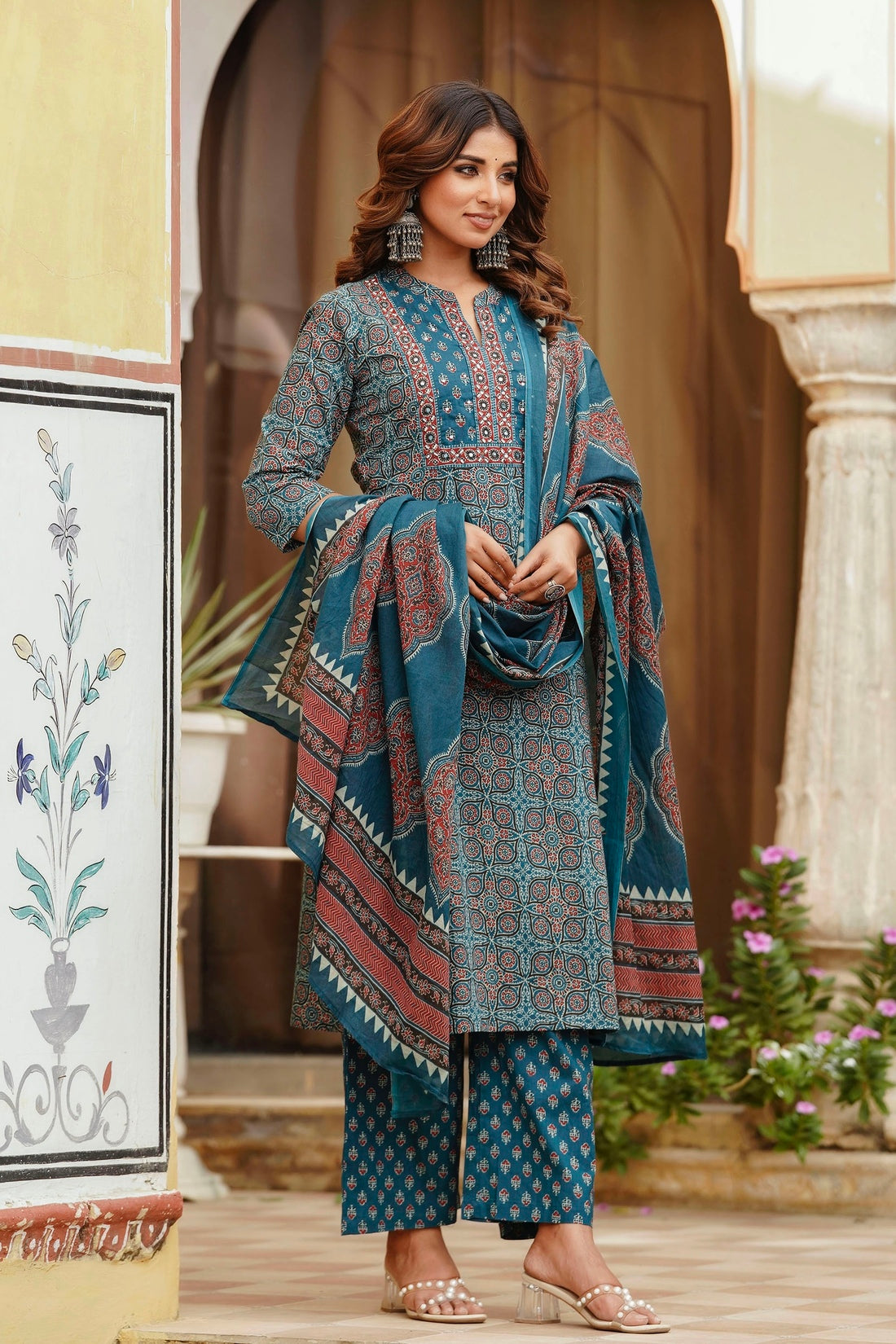 Teal Yoke Design Printed Cotton Kurta Set with Palazzos and Dupatta
