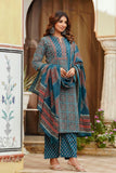 Teal Yoke Design Printed Cotton Kurta Set with Palazzos and Dupatta