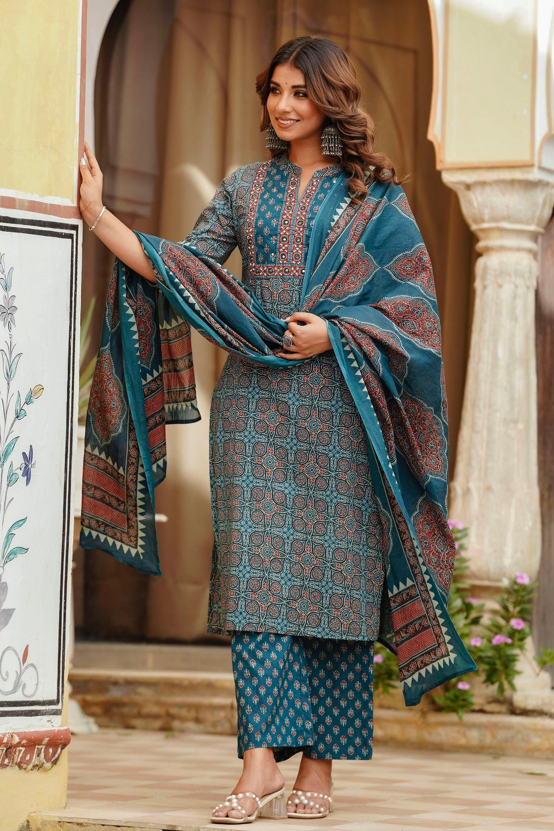 Teal Yoke Design Printed Cotton Kurta Set with Palazzos and Dupatta