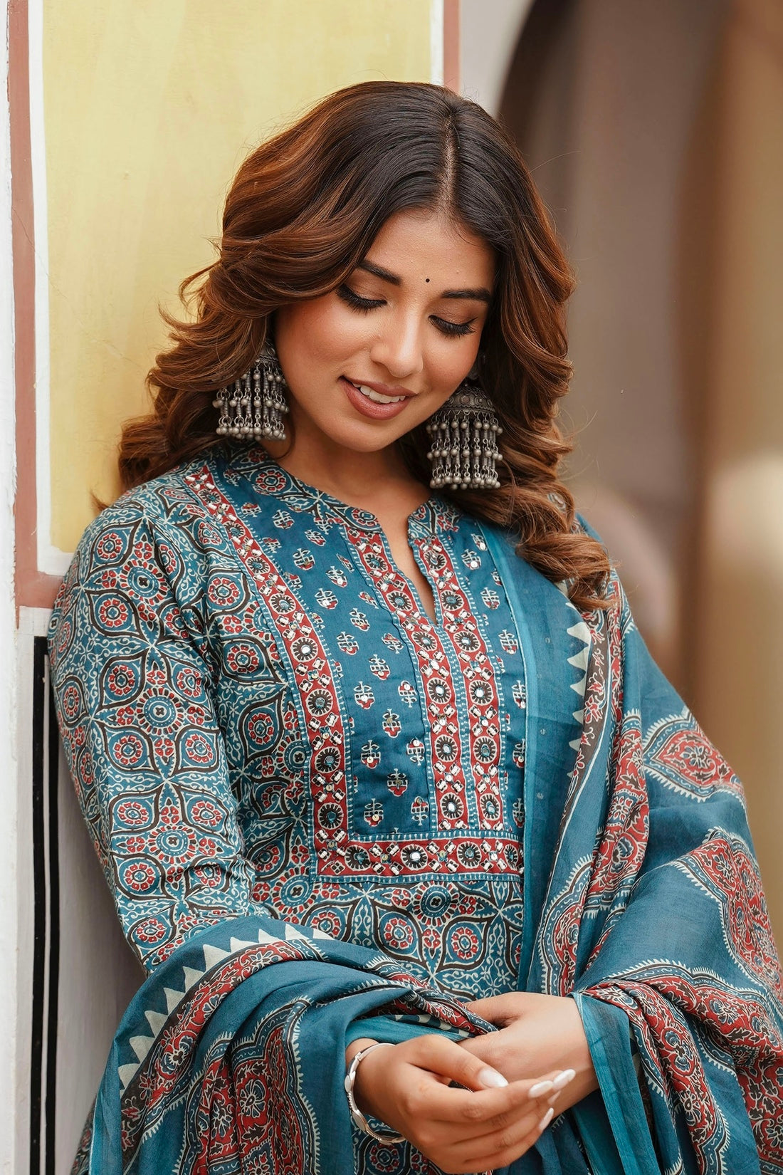 Teal Yoke Design Printed Cotton Kurta Set with Palazzos and Dupatta