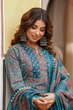 Teal Yoke Design Printed Cotton Kurta Set with Palazzos and Dupatta