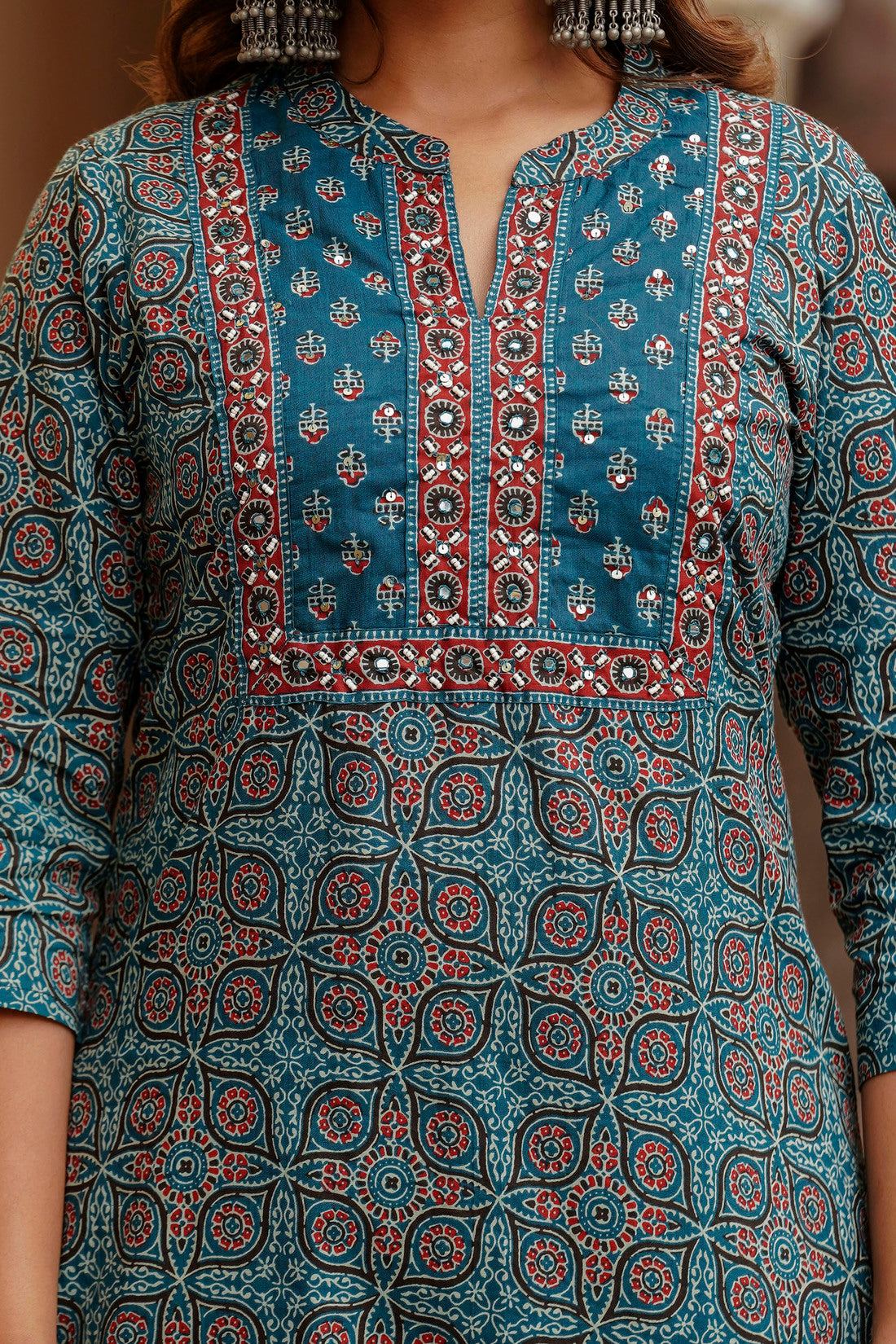 Teal Yoke Design Printed Cotton Kurta Set with Palazzos and Dupatta
