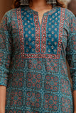 Teal Yoke Design Printed Cotton Kurta Set with Palazzos and Dupatta