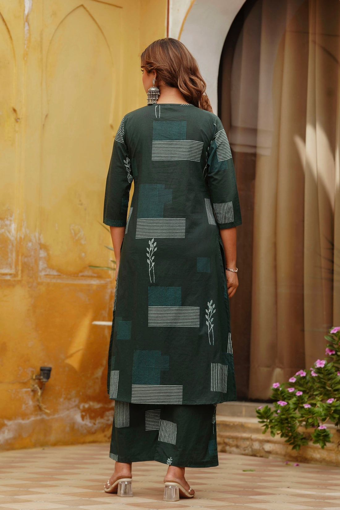 Green Pintucks Cotton Kurta Set with Palazzo