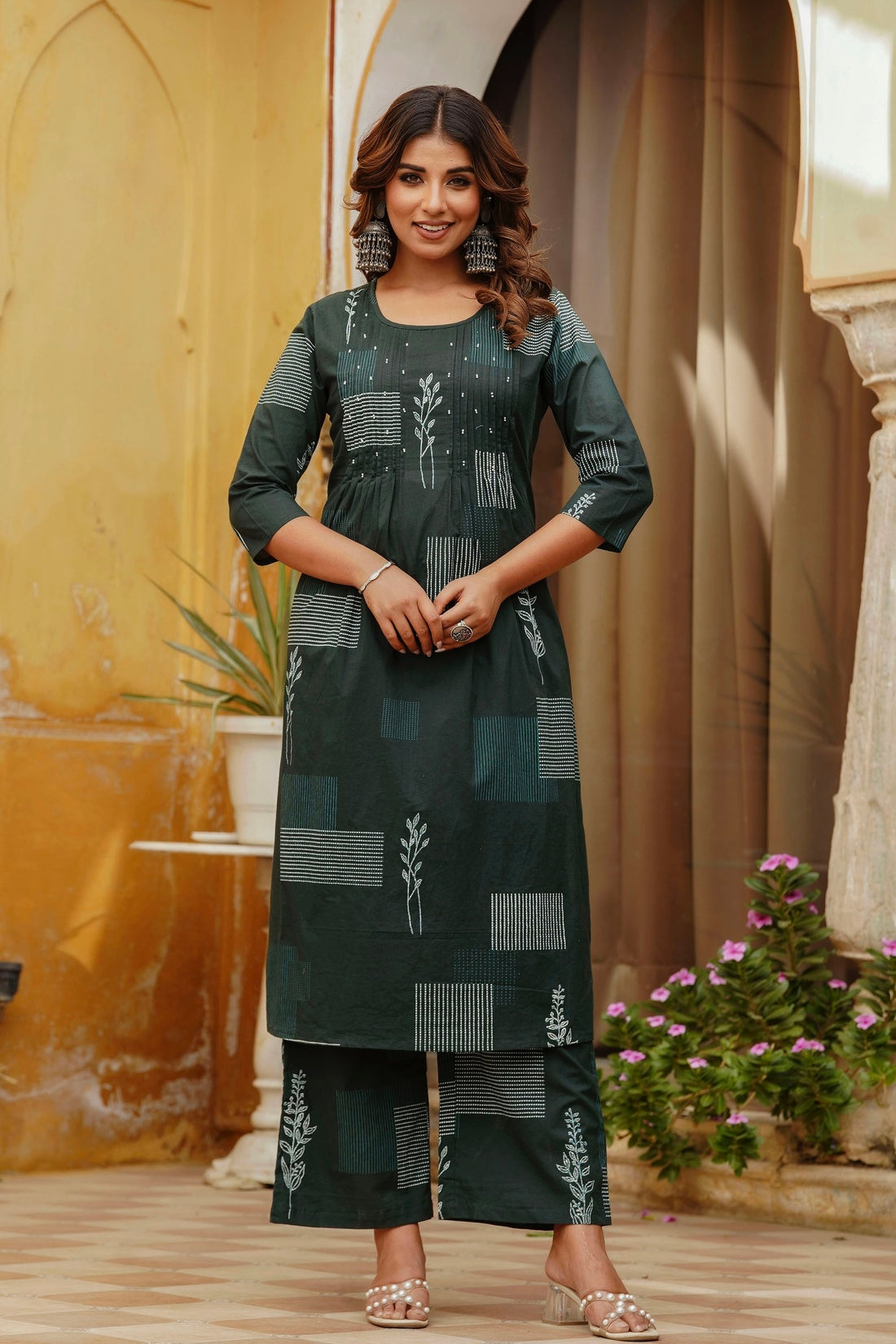 Green Pintucks Cotton Kurta Set with Palazzo