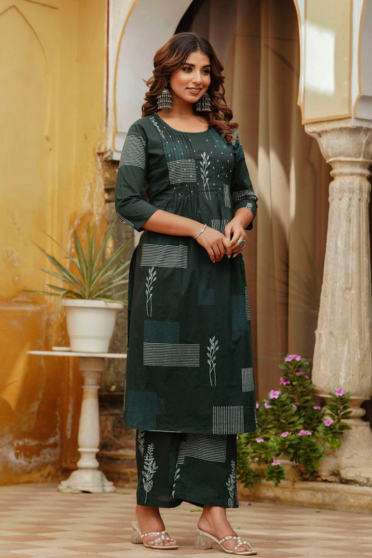 Green Pintucks Cotton Kurta Set with Palazzo
