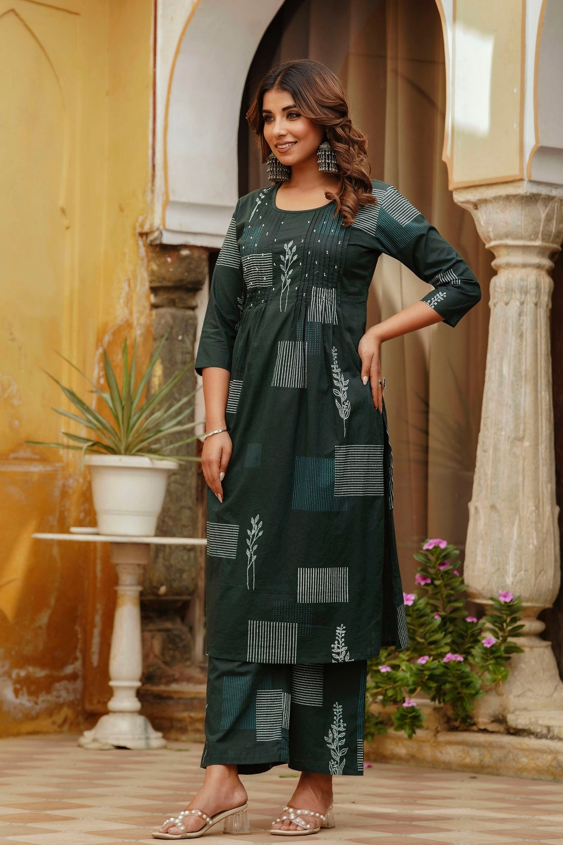 Green Pintucks Cotton Kurta Set with Palazzo