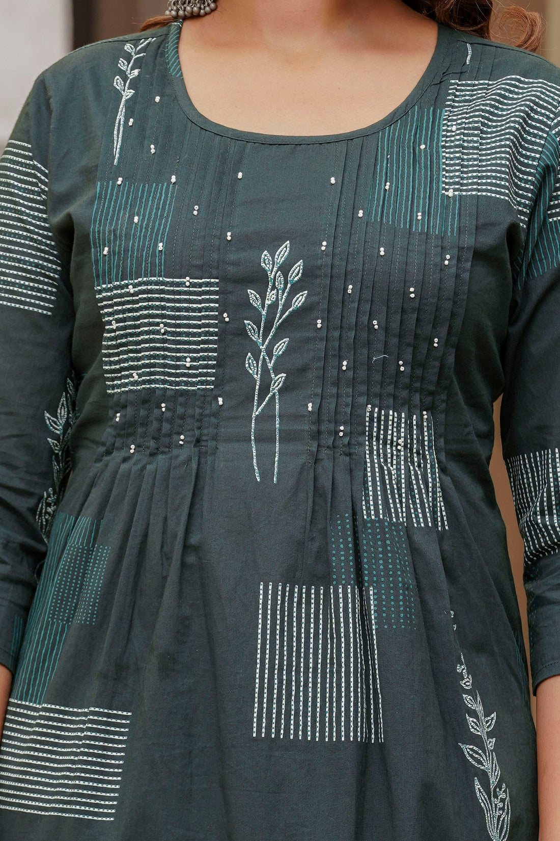 Green Pintucks Cotton Kurta Set with Palazzo