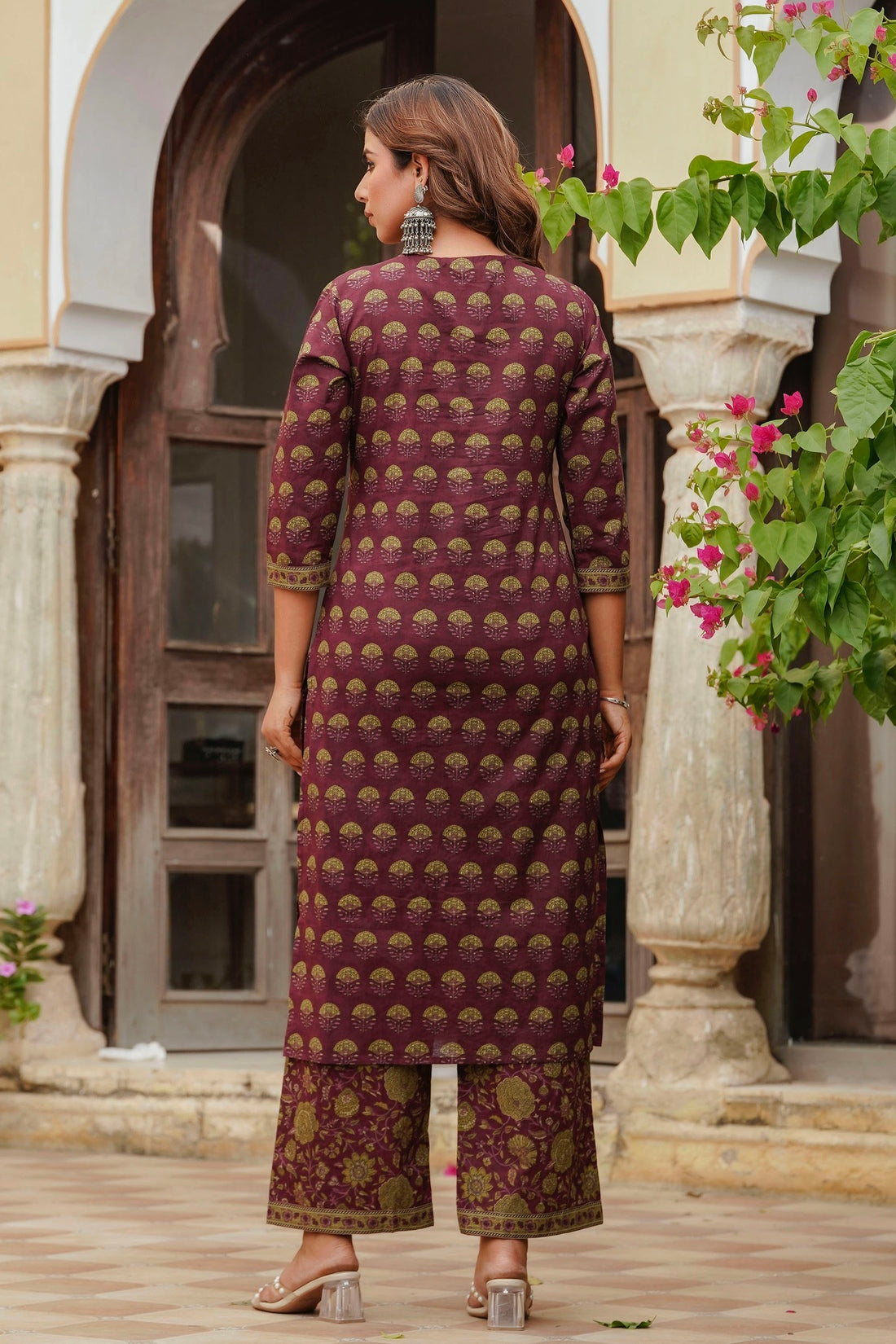 Burgundy Motif Printed Cotton Kurta Set with Palazzos and Dupatta