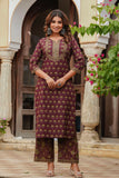 Burgundy Motif Printed Cotton Kurta Set with Palazzos and Dupatta