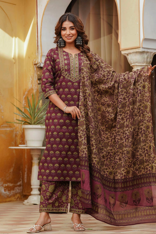 Burgundy Motif Printed Cotton Kurta Set with Palazzos and Dupatta