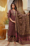 Burgundy Motif Printed Cotton Kurta Set with Palazzos and Dupatta