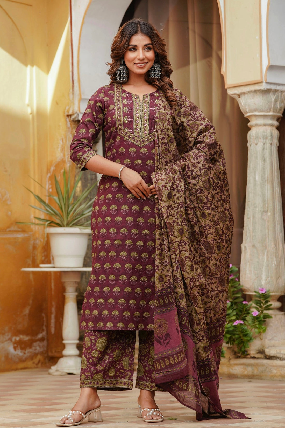 Burgundy Motif Printed Cotton Kurta Set with Palazzos and Dupatta