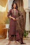Burgundy Motif Printed Cotton Kurta Set with Palazzos and Dupatta