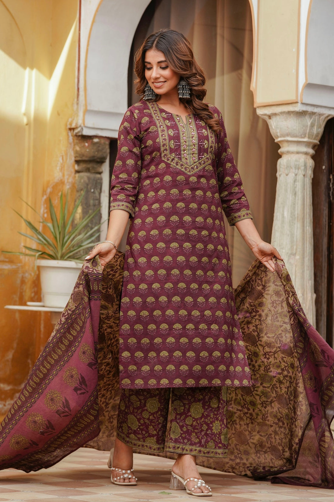 Burgundy Motif Printed Cotton Kurta Set with Palazzos and Dupatta