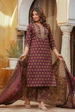 Burgundy Motif Printed Cotton Kurta Set with Palazzos and Dupatta