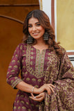 Burgundy Motif Printed Cotton Kurta Set with Palazzos and Dupatta