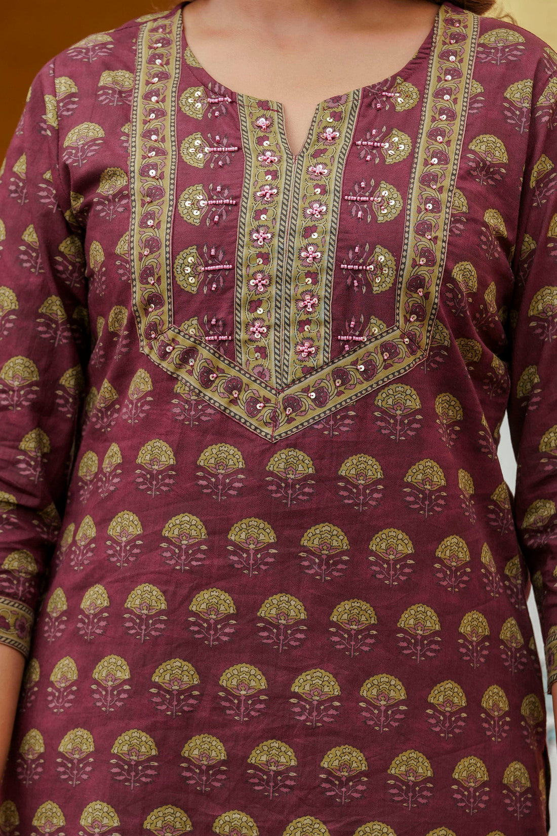 Burgundy Motif Printed Cotton Kurta Set with Palazzos and Dupatta