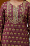 Burgundy Motif Printed Cotton Kurta Set with Palazzos and Dupatta