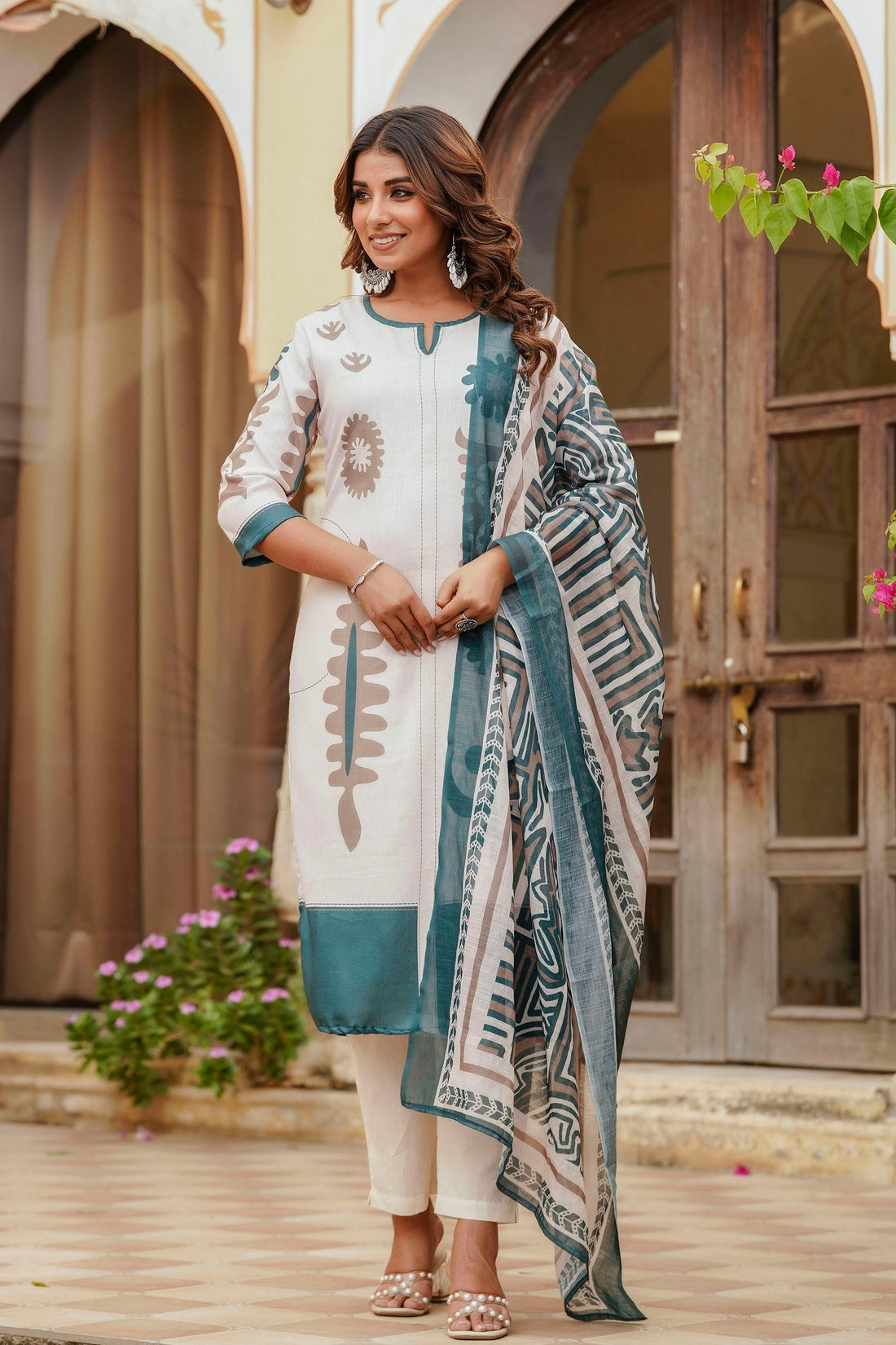 Cream Linen with Lining Kurta Set with Trousers and Dupatta