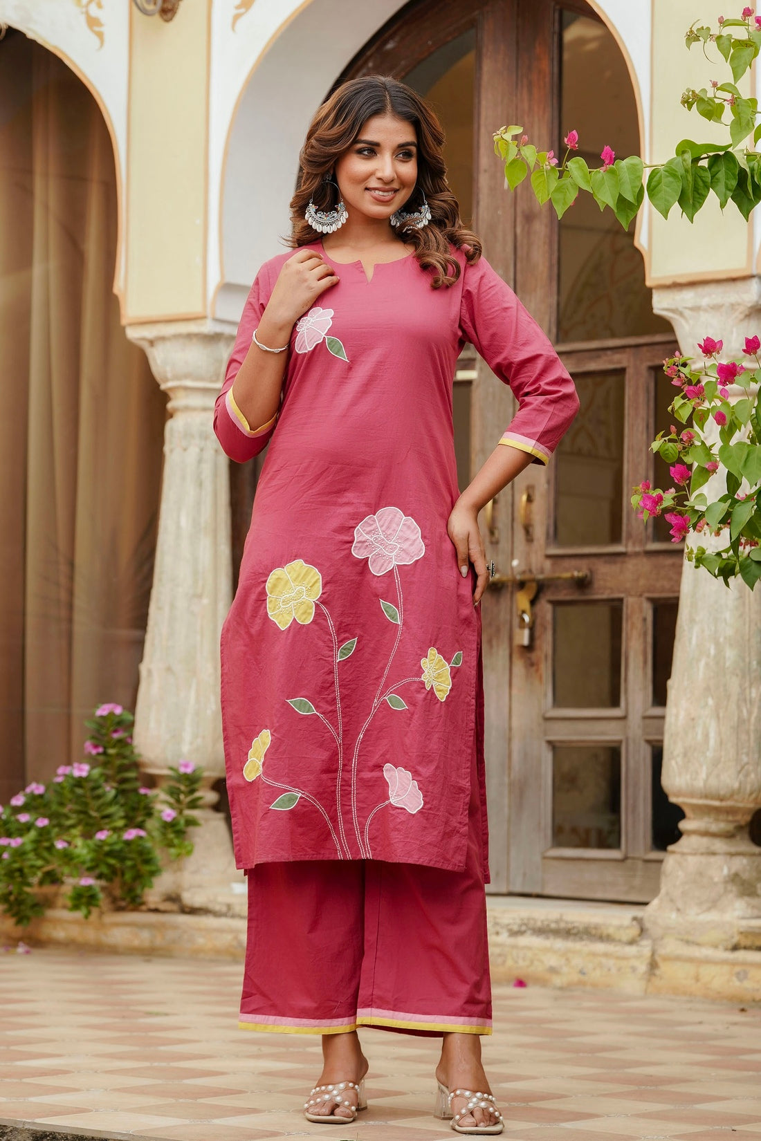 Pink Floral Patchwork Cotton Kurta Set with Palazzo and Dupatta