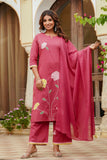 Pink Floral Patchwork Cotton Kurta Set with Palazzo and Dupatta