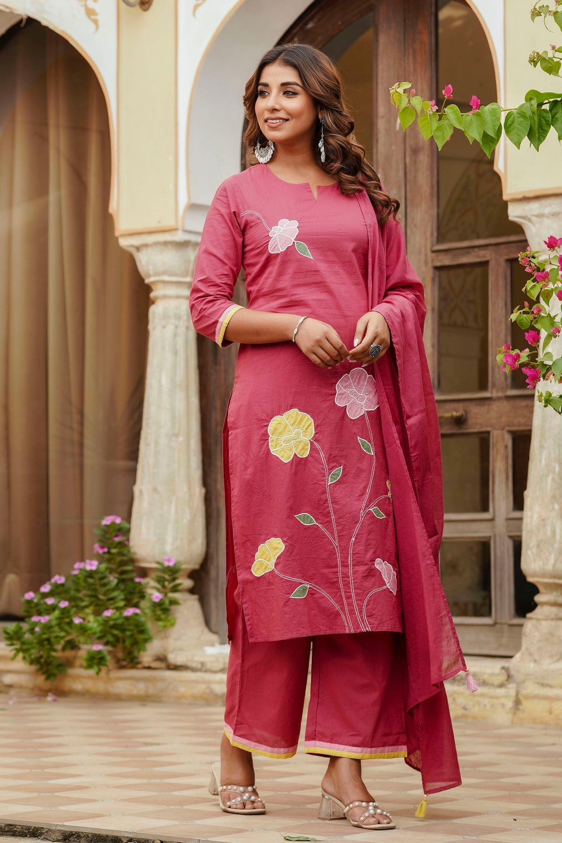 Pink Floral Patchwork Cotton Kurta Set with Palazzo and Dupatta