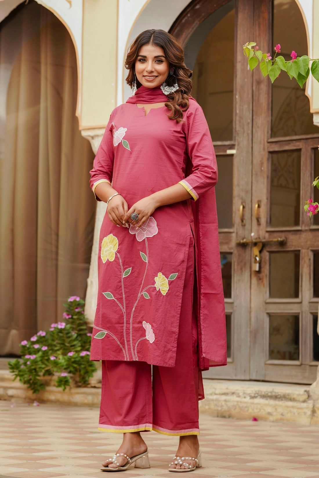 Pink Floral Patchwork Cotton Kurta Set with Palazzo and Dupatta