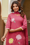 Pink Floral Patchwork Cotton Kurta Set with Palazzo and Dupatta
