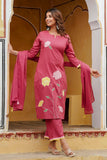 Pink Floral Patchwork Cotton Kurta Set with Palazzo and Dupatta