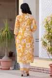 Judy - Mustard Yellow Mandarin Collar Printed Cotton Kurta Set with Dupatta